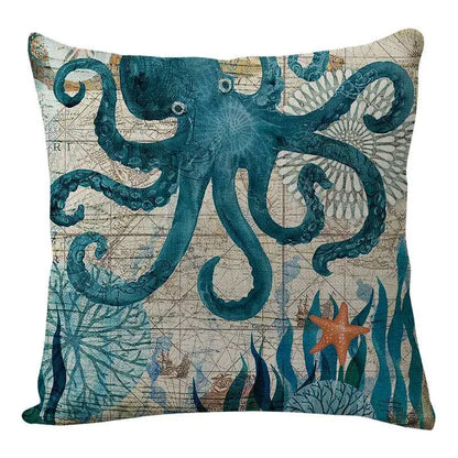 Teal octopus-themed decorbites coastal cushion cover featuring vintage map and sea creature design for living room decor