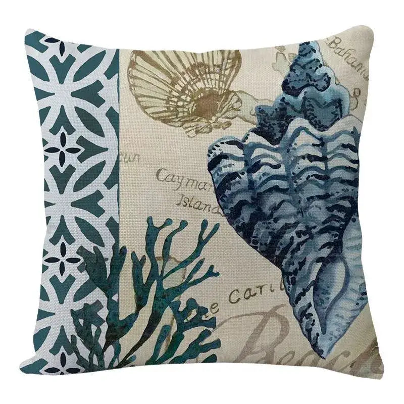 Beige decorbites coastal cushion cover with blue and teal seashell and coral design for living room decor set of 9