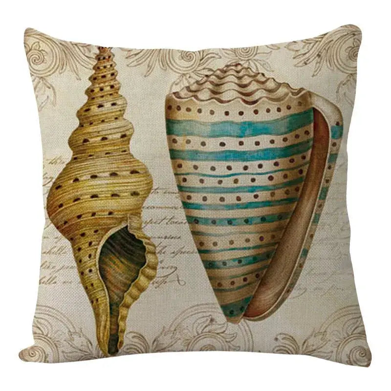 Beige linen decorbites coastal cushion featuring vintage seashells in golden yellow and teal for coastal cushion cover set