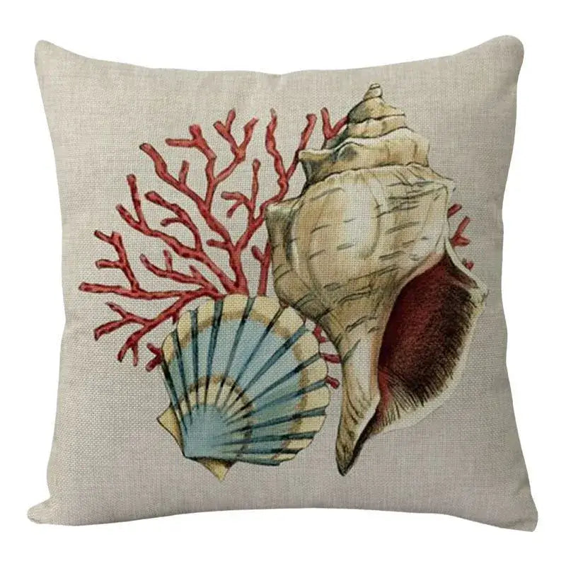 Beige linen throw pillow with embroidered red coral beige conch and blue scallop shell in decorbites coastal cushion cover set