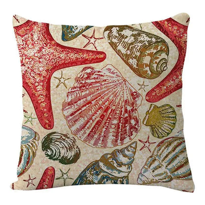 Beige decorbites coastal cushion with vibrant red green and blue seashell and starfish pattern for living room decor