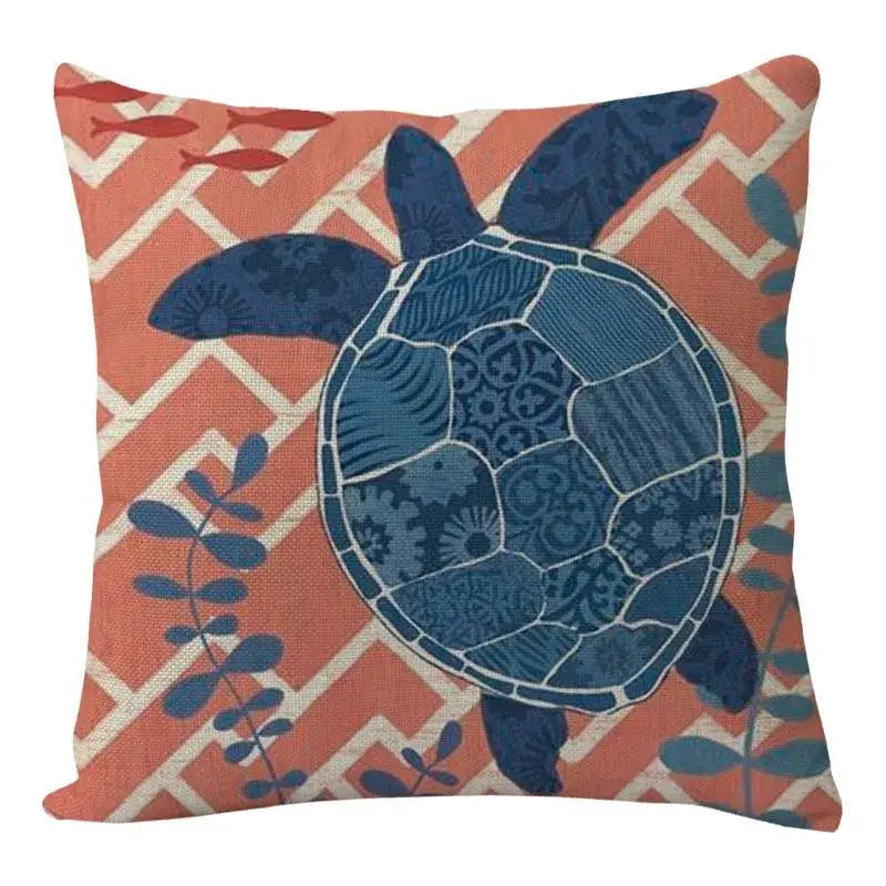Coral coastal cushion cover from decorbites with detailed blue sea turtle and aquatic motifs for living room decor