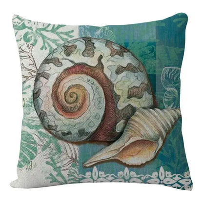 A decorbites coastal cushion cover featuring detailed seashell illustration on a teal textured coral motif background