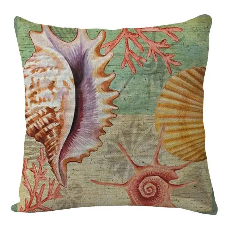 Square throw pillow with colorful seashell and coral print in beige purple orange and pink on textured green background for decorbites coastal cushion cover set