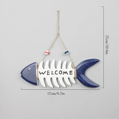 Blue and white painted fish-shaped wooden wall hanging with welcome inscription for decorbites coastal wooden ship model decor