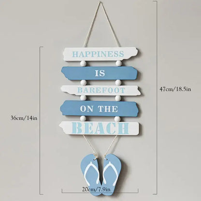 Blue and white wooden sign with happiness is barefoot on the beach and flip flops for decorbites coastal wooden ship model decor