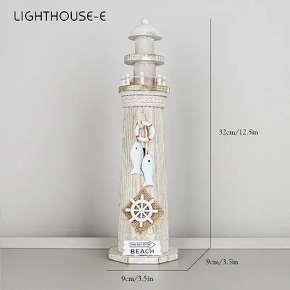 Coastal white and gray wooden ship model featuring distressed wood lighthouse with rope and nautical decorbites coastal wooden accents