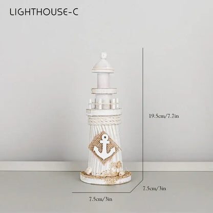Coastal wooden lighthouse ship model decor with white paint, rope-wrapped base, and anchor emblem on burlap patch