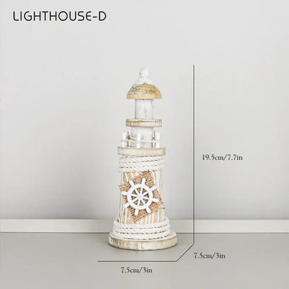 Coastal wooden lighthouse decor in white and gray with distressed finish, rope base, and nautical wheel accent for living room