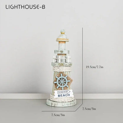 Coastal white and gray wooden ship model decor with a rustic beige lighthouse and nautical rope base for living room display