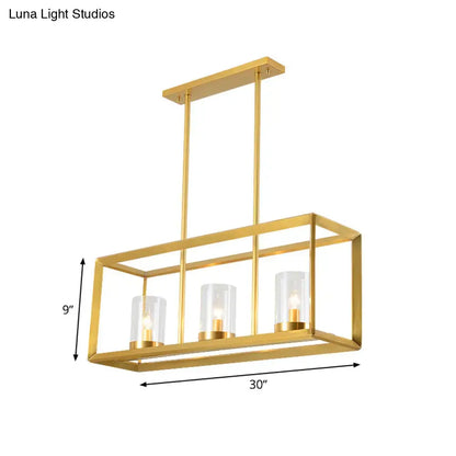 Gold-finished rectangular decorbites colonial gold island ceiling light with clear glass cylinders and metal cage for 220v-240v 110v-120v use