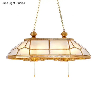 Gold-toned 8-head hanging pendant light with opal blown glass and geometric stained-glass design for living room