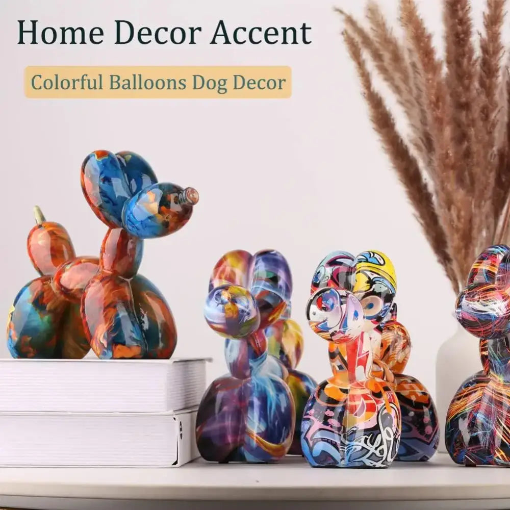 Glossy colorful balloon dog statue with vibrant swirling multicolored paint design for living room decorbites decor