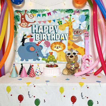 Colorful cartoon animal birthday wall tapestry featuring friendly animals with party hats on light blue decorbites birthday wall backdrop