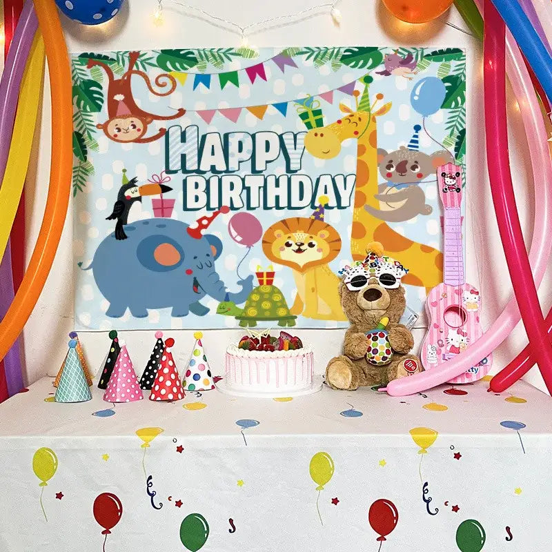 Colorful cartoon animal birthday wall tapestry featuring friendly animals with party hats on light blue decorbites birthday wall backdrop