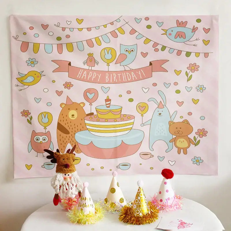 Pastel pink colorful cartoon animal birthday wall tapestry with balloons cake and happy birthday banner decorbites birthday wall