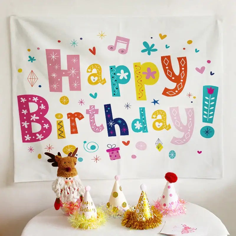 Colorful cartoon animal birthday wall tapestry with happy birthday party banner decorbites birthday wall decor