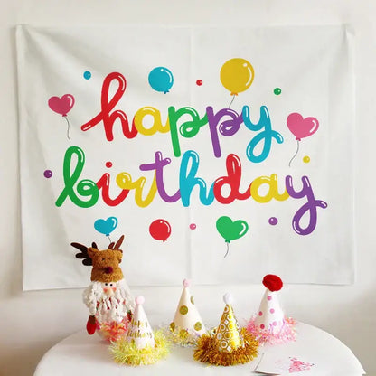 Colorful cartoon animal birthday wall tapestry with happy birthday rainbow lettering and balloon decorbites birthday wall