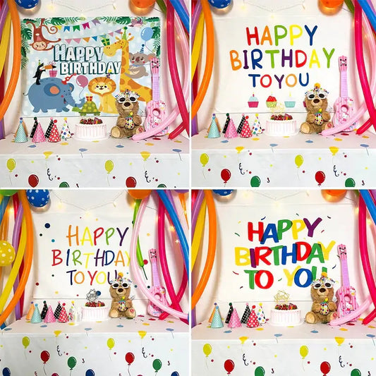 Colorful cartoon animal birthday wall tapestry decorbites birthday wall featuring happy birthday balloons backdrop
