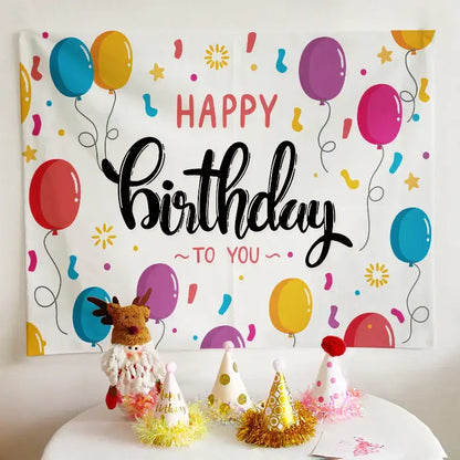 Colorful cartoon animal birthday wall tapestry with red blue yellow purple and pink balloons and confetti decorbites birthday wall decor