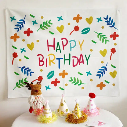 Colorful cartoon animal birthday wall tapestry featuring a happy birthday design with floral and heart decorbites birthday wall patterns