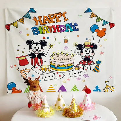 Colorful cartoon animal birthday wall tapestry featuring mickey and minnie mouse cake balloons decorbites birthday wall