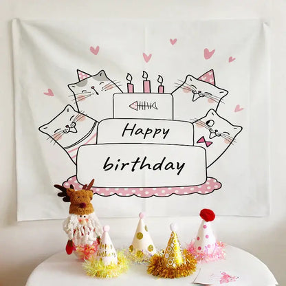 White colorful cartoon animal birthday wall tapestry featuring cats around cake with pink hearts for decorbites birthday wall decor
