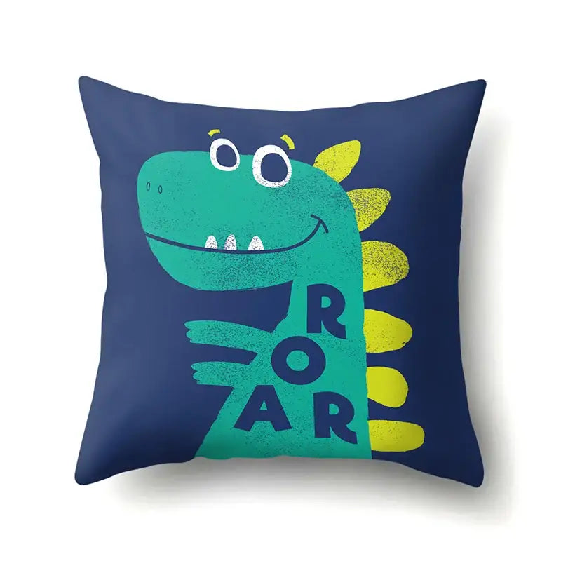 Navy blue decorbites dino baby pillowcase featuring a cheerful teal dinosaur with yellow spikes and bold roar text