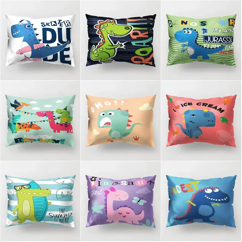Colorful cartoon dinosaur pillowcases made of soft fabric featuring vibrant playful designs for kids bedroom decor