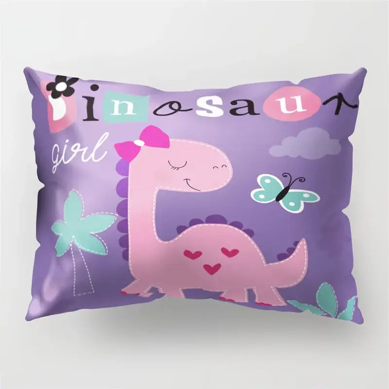 Purple cartoon dinosaur pillowcase with pink dinosaur hearts and butterflies for kids bedroom decor