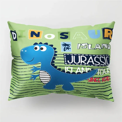 A vibrant green colorful cartoon dinosaur pillowcase featuring a playful blue dinosaur for kids bedroom decor