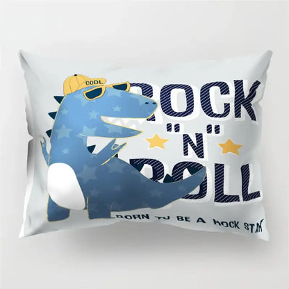 White pillowcase featuring a colorful cartoon dinosaur with sunglasses and cap in navy decorbites cartoon dinosaur style