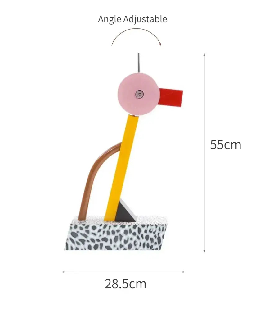 A modern led floor lamp with a colorful abstract bird sculpture featuring pink head red beak and yellow neck