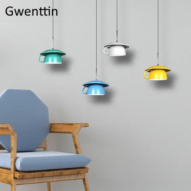 Colorful ceramic cup pendant light in teal white blue and yellow by decorbites for kitchen hanging lamp decor