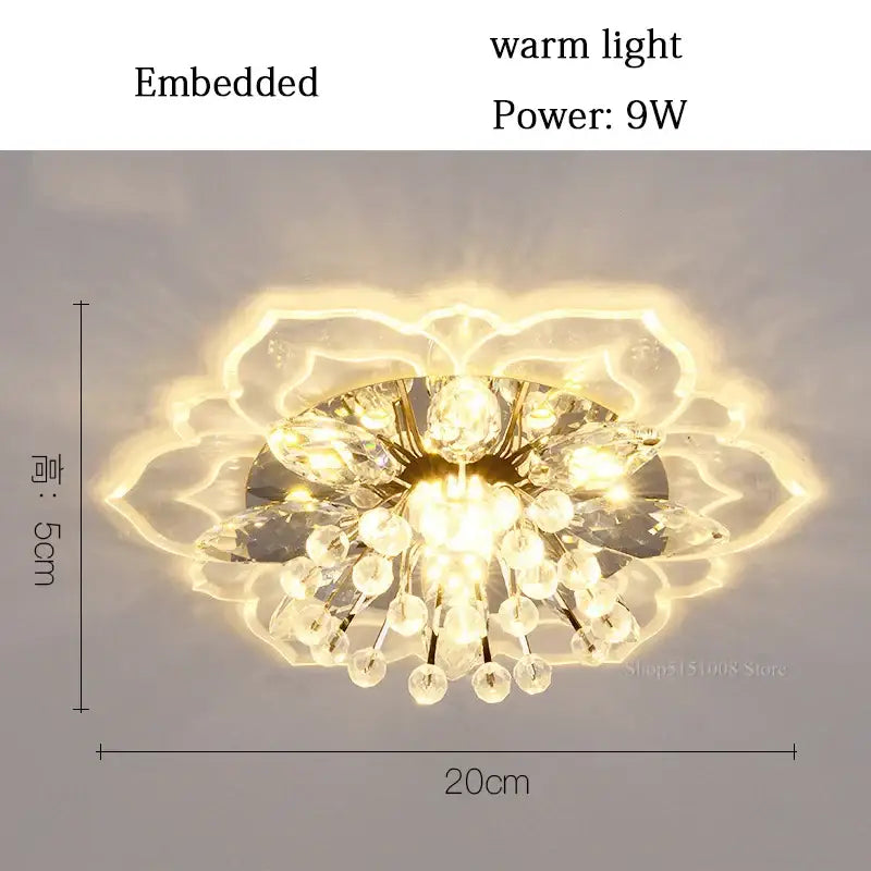 A colorful crystal flower ceiling light fixture with clear glass crystals and gold-toned metal accents for living room