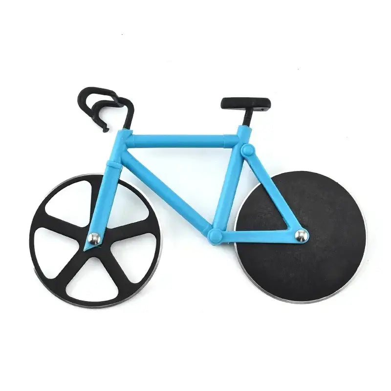 Blue plastic double wheel bicycle pizza cutter with black wheels and handlebars for kitchen use