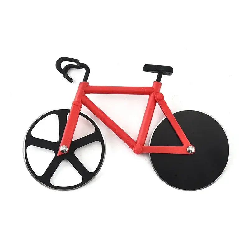 Red double wheel bicycle pizza cutter with black wheels and handlebars for precise kitchen use