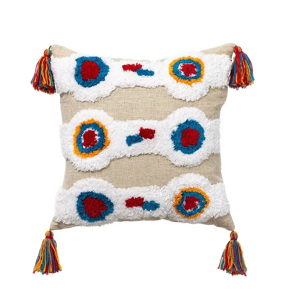 Beige tassel pillowcase with colorful geometric hand-embroidered circles in red blue and yellow for decorbites decorbites geometric