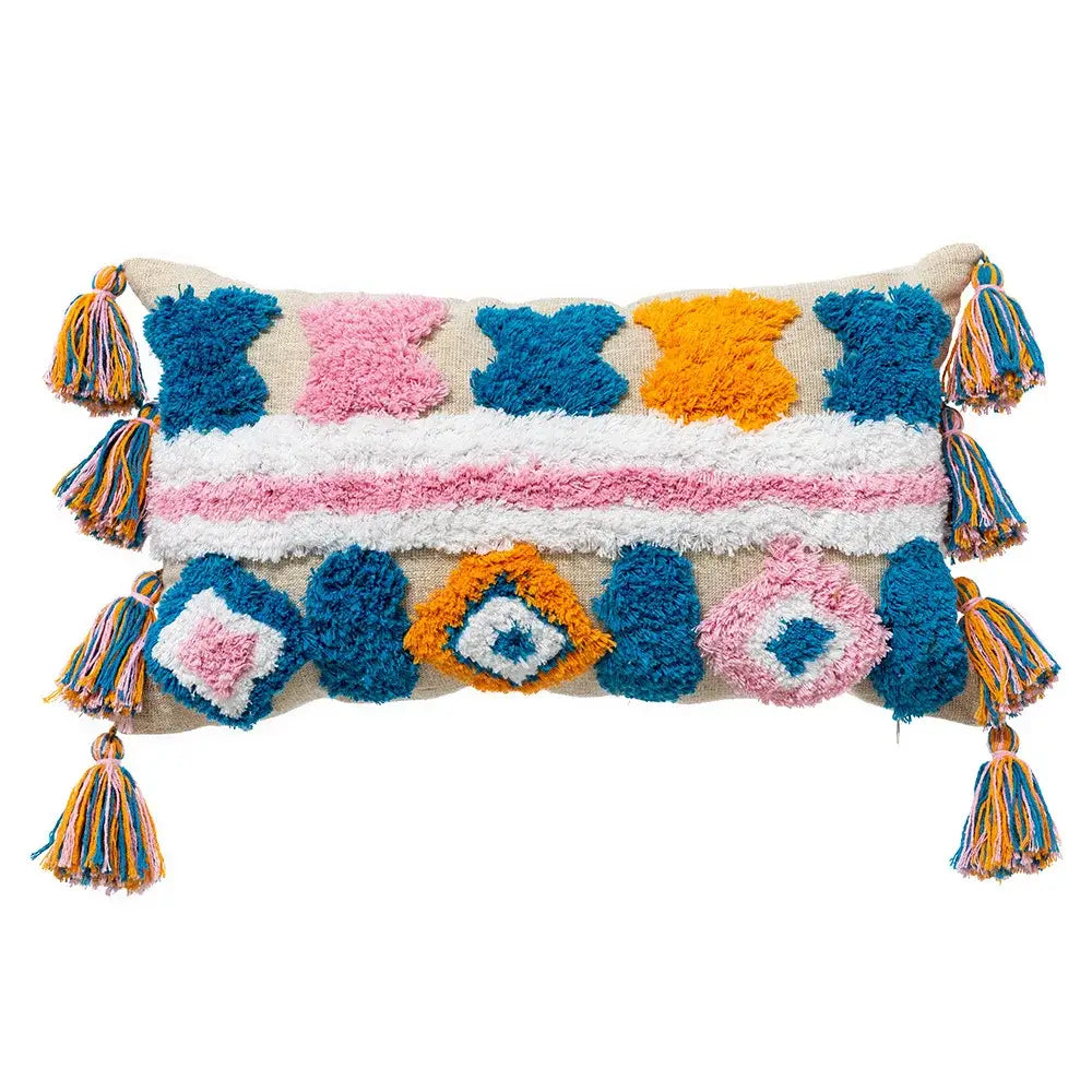 Colorful decorbites geometric hand-embroidered tassel pillowcase with bold blue pink orange patterns for bedroom decor