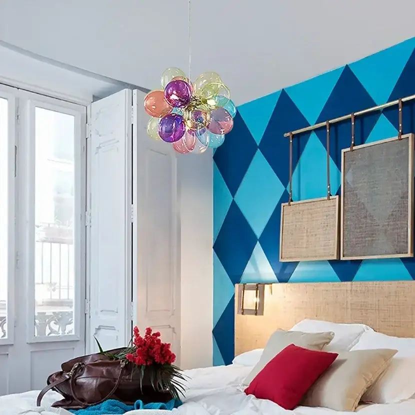 A colorful decorbites glass bubble chandelier pendant light with vibrant multi-colored glass bubbles for living room decor