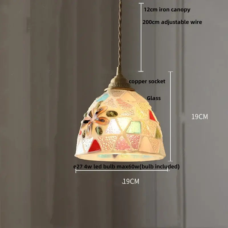 A colorful glass shell led pendant lamp with floral mosaic design in red green and cream for dining room decorbites colorful glass