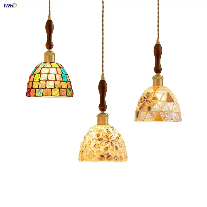 Three hanging pendant lamps with colorful glass shell mosaic shades and wooden handles for dining room decorbites lighting