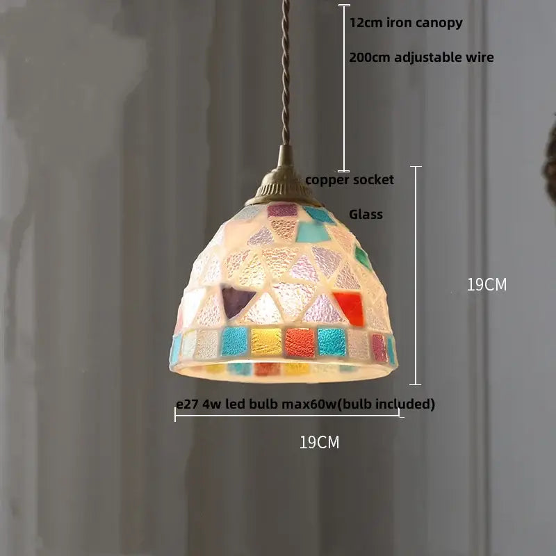 Colorful glass shell led pendant lamp with geometric stained glass and copper socket for dining room decorbites lighting