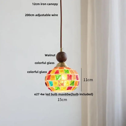 Colorful glass shell led pendant lamp with vibrant mosaic stained-glass panels and walnut top for dining room decorbites colorful glass lighting