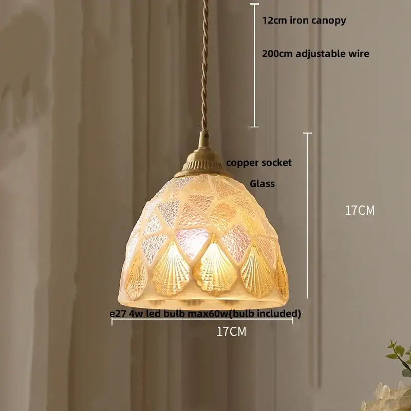 A warm-toned colorful glass shell led pendant lamp with intricate mosaic pattern copper socket for dining room decorbites colorful glass