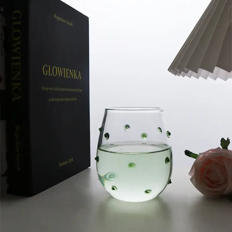 Clear glass stemless wine glass with green bubble embellishments from colorful glass wave dots mug set for dining room use