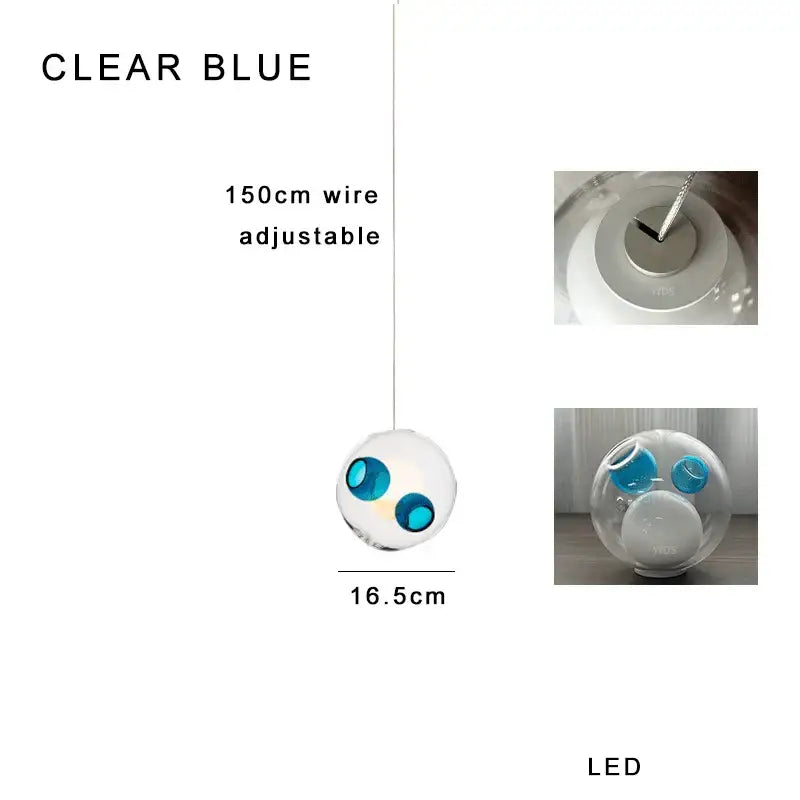Clear blue led pendant lights with transparent spherical glass shade and blue accents for decorbites colorful glaze glass decor
