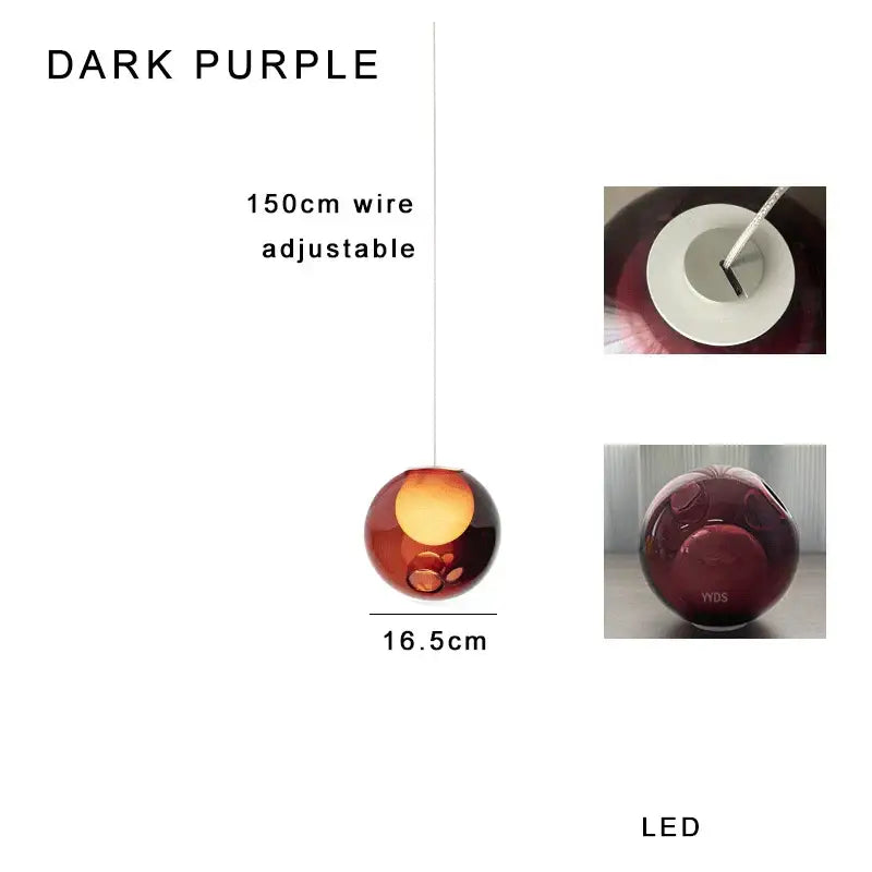 Dark purple spherical pendant light with 16.5cm diameter and adjustable 150cm wire from decorbites colorful glaze glass collection