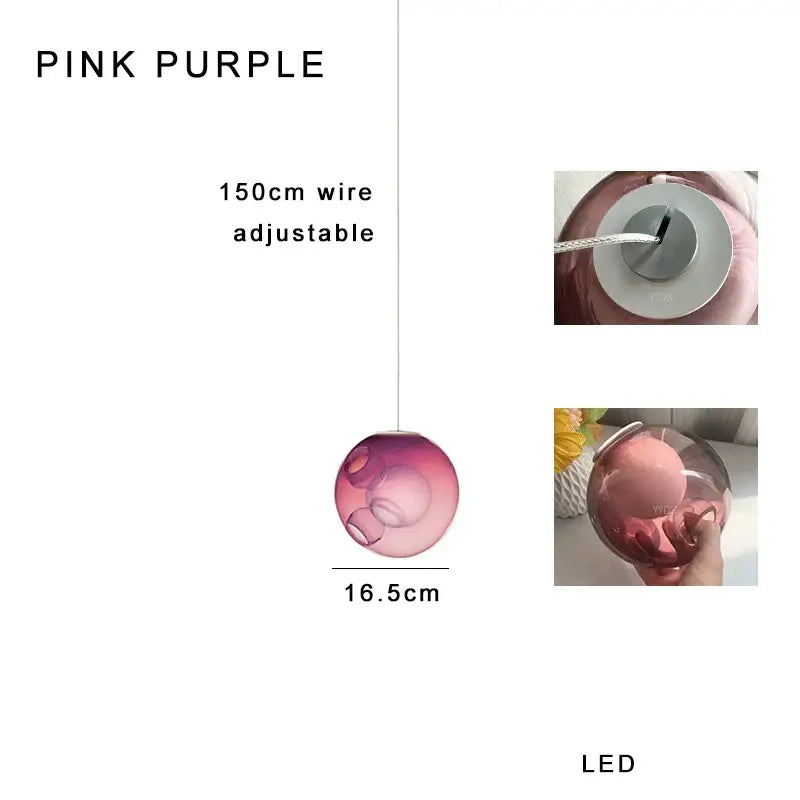Translucent pink and purple colorful glaze glass pendant light with led bulb and 150cm adjustable wire for nursery decorbites colorful glaze decor