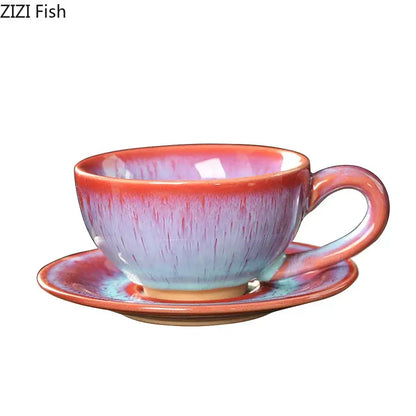Colorful glazed porcelain tea cup and saucer set with vibrant orange to lavender gradient and subtle vertical streaks for dining room decor